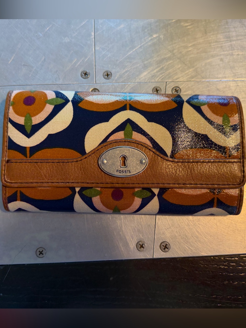 Fossil Navy Floral Canvas Wallet with Brown Leather Trim